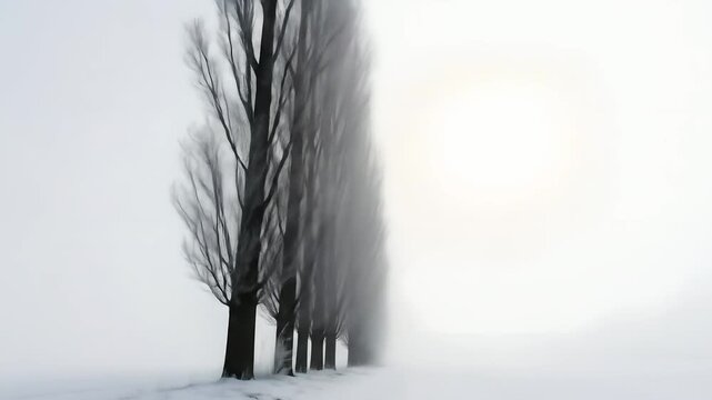 Winter landscape with row of bare trees disappearing into heavy fog, nature background for mystery, weather reports, climate change, winter season, holiday events. 