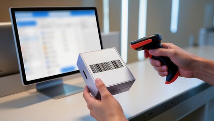 Checkout retail. Cashier's hands scanning a product barcode on a box.