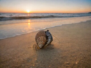Small sea snail is laying on the beach at sunset