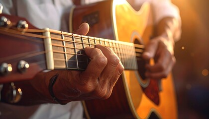 Fototapeta premium Close-up of a person's hands playing an acoustic guitar