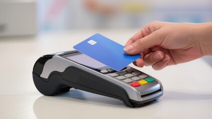Checkout retail. Hand makes a contactless purchase with a blue card on a payment terminal.