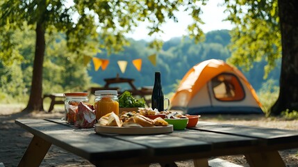 Tent and ready to eat foods on picnic table in nature