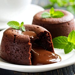 Chocolate lava cake with molten center and mint...