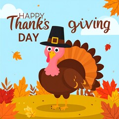Cartoon turkey with pilgrim hat and autumn leaves on a blue sky