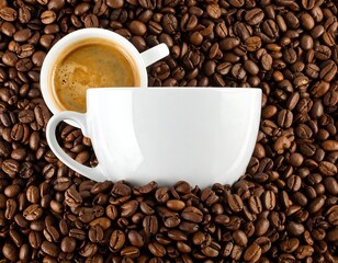 Fototapeta premium Two coffee cups surrounded by coffee beans