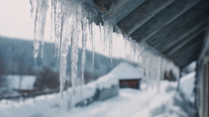 Close-up of Icicles Hanging from Roof Edge in Cold Winter Scene