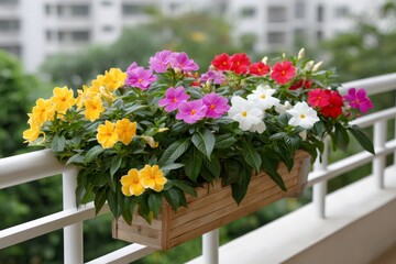 Colorful impatiens flowers blooming in a balcony window box