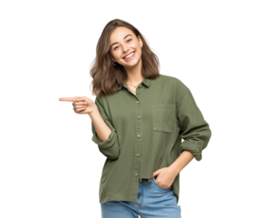 a woman smiling and pointing upward with her finger, wearing an olive-colored shirt and blue 