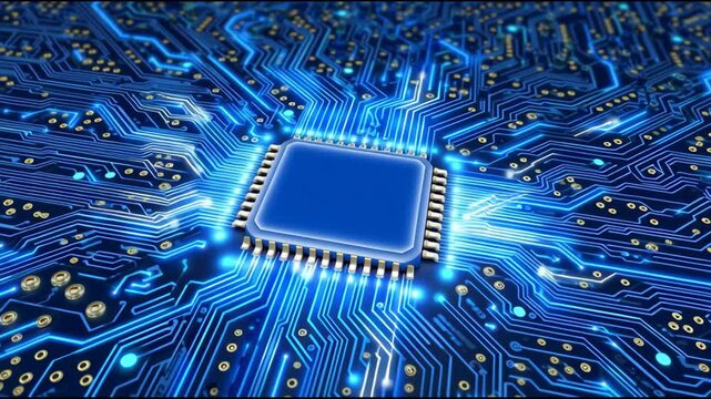 Futuristic blue glowing processor on circuit board, conceptual vision of digital computing technology. Visualizing complex data transfer and powerful information flow