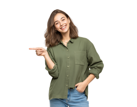 a woman smiling and pointing upward with her finger, wearing an olive-colored shirt and blue 