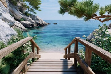 Fototapeta premium Wooden stairs leading to a secluded beach cove