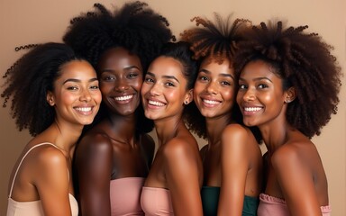 Beauty and unity, this diverse group of beautiful women of all skin tones and races together posing in the skin care ad campaign. A multiracial diverse group of women, inclusivity body positivity.