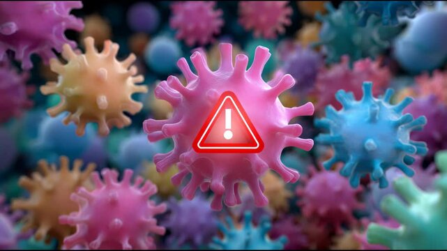 Microscopic 3d illustration of dangerous virus mutation. prominent warning sign signals new pandemic alert, showing pathogen cell danger and critical health crisis