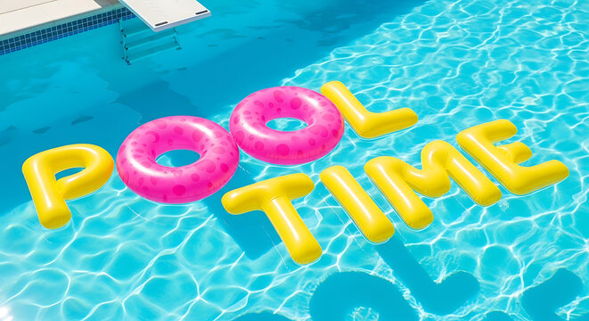 Bright and sunny pool time concept with inflatable letters floating in crystal clear water, perfect for summer vacation and relaxation