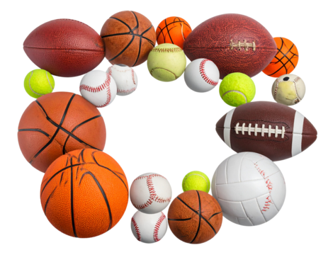  Top View of Assorted Sports Balls Collection, isolated on a transparent background” 