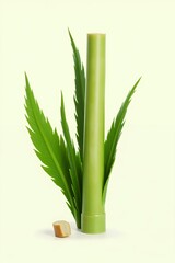 Obraz premium Green cylindrical object with cannabis leaves and a small wooden cube.