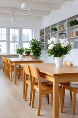 Fototapeta premium Scandinavian style dining library with light wood furniture