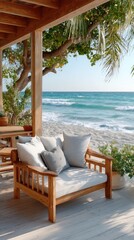 Obraz premium Minimalist Wooden Beach Chair With Cushions Facing Turquoise Ocean Waves Under A Clear Blue Sky On A Sandy Shore With Lush Greenery Providing Shade On A Sunny Day