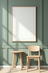 Blank wooden frame on a green wall with a chair and table.
