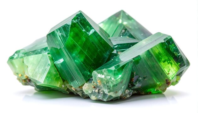 Close-up of a cluster of shimmering, emerald green mineral crystals