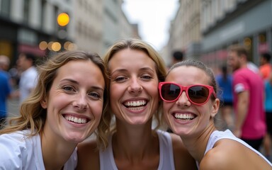 Joyful running club takes a selfie at marathon event. High quality