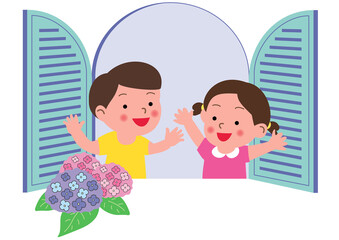 窓辺の子供とあじさい
