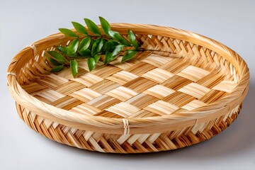 Obraz premium Handcrafted woven bamboo basket tray with green leaf
