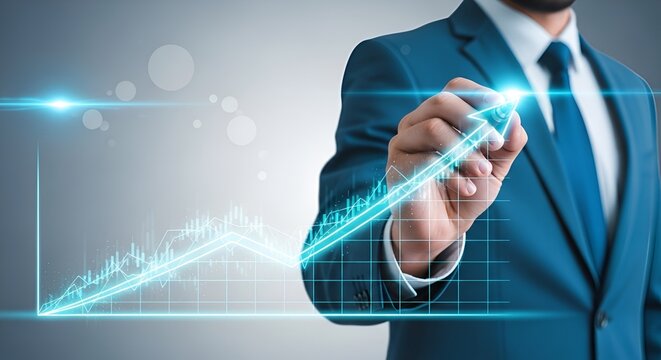 Executive drawing a rising digital graph — visualizing data-driven growth, financial performance and market analytics.