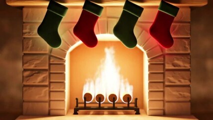 Festive holiday scene featuring four colorful Christmas stockings hanging by the chimney over a warm and glowing fireplace - Powered by Adobe