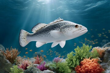 Fototapeta premium Speckled sea trout swimming over vibrant coral reef