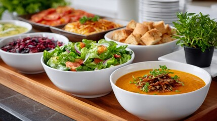 Healthy self-service buffet with fresh soup and salad