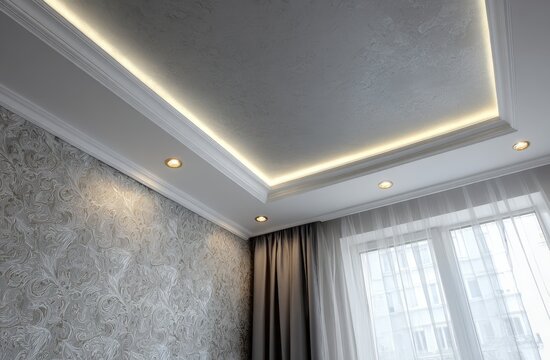 An interior ceiling with recessed lighting and decorative molding creates a modern and elegant ambiance in a room.