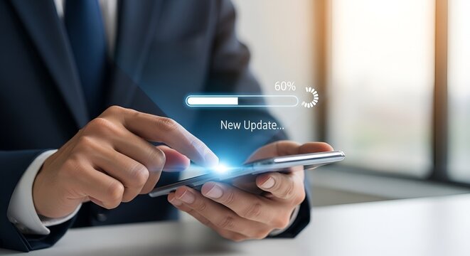 Businessman using a smartphone to update data and connect instantly — capturing mobile technology, digital communication, app interface and business connectivity at a glance.