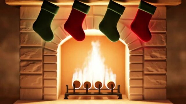 Festive holiday scene featuring four colorful Christmas stockings hanging by the chimney over a warm and glowing fireplace