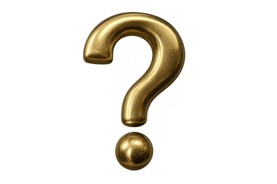 Gold question mark symbol creating concept of doubt, seeking answers, problem solving, challenge, and uncertainty on transparent background