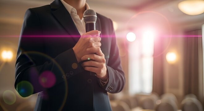 A presenter holding a microphone on stage delivering a clear speech to an attentive audience at a business conference — ideal for presentation, public speaking, event and speaker imagery.