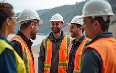 Obraz premium Workers and business people smiling at quarry. High quality