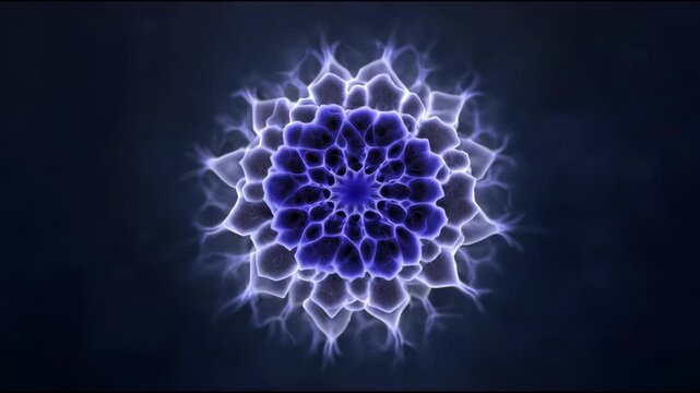 Mesmerizing blue abstract sound wave visualization with hypnotic cymatic pattern. glowing fractal mandala represents sacred geometry, spiritual energy, and microscopic life