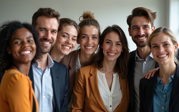Team gathering for a joyful photo as coworkers capture a memorable moment together during a break at a professional event. High quality