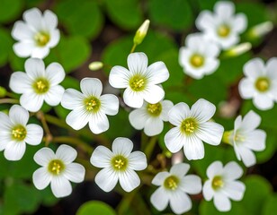 Close-up shot of tiny white flowers with bright yellow centers and clover-like leaves