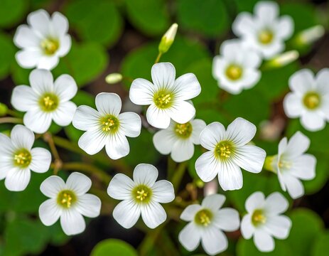 Close-up shot of tiny white flowers with bright yellow centers and clover-like leaves