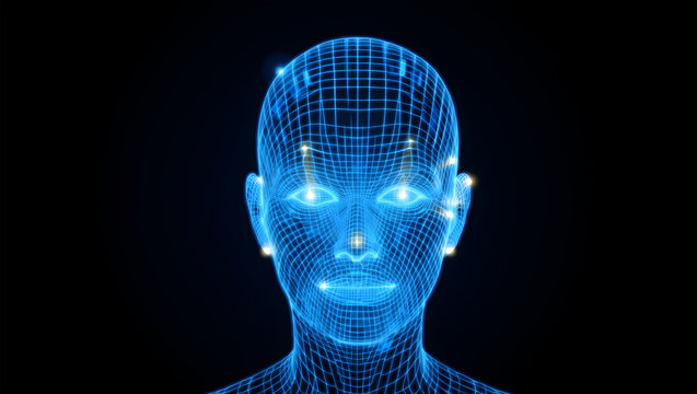 3D Wireframe Human Head Model with Blue Glowing Grid and Internal Light Points face portrait