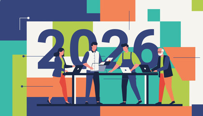 Diverse team collaborating on business goals for 2026 Future planning and teamwork concept