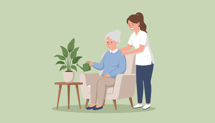 Fototapeta premium Caregiver assists happy senior woman watering a houseplant concept of assisted living and home care