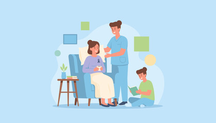 Caregiver assisting patient at home surrounded by supportive family Recovery and wellness concept