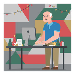 Angry senior man working on a computer in a holidaydecorated office showing stress and burnout