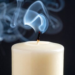 Close-up of a extinguished candle with wisps of grey and blue smoke