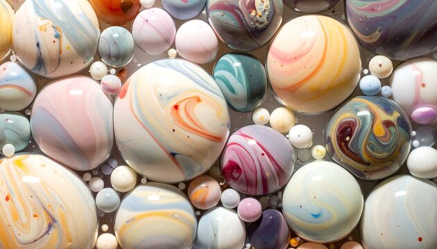 Colorful spheres in a grid, swirled paint with subtle patterns