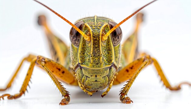 Close-up of a colorful insect with long antennae, facing forward