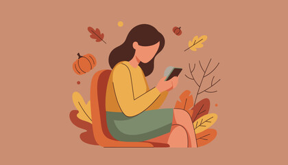 Woman uses smartphone in a cozy autumn setting surrounded by fall leaves and pumpkins Digital communication